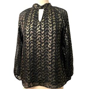 Eclair Metallic Black & Gold Zigzag Keyhole Twist Neck Blouse Size Small New